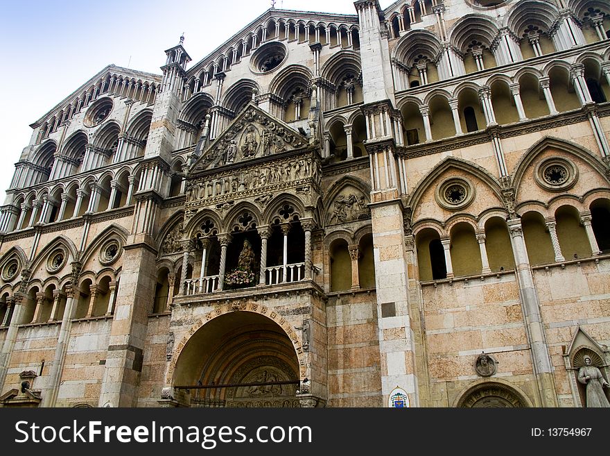 Detail of the facade of the cathedral of Ferrara