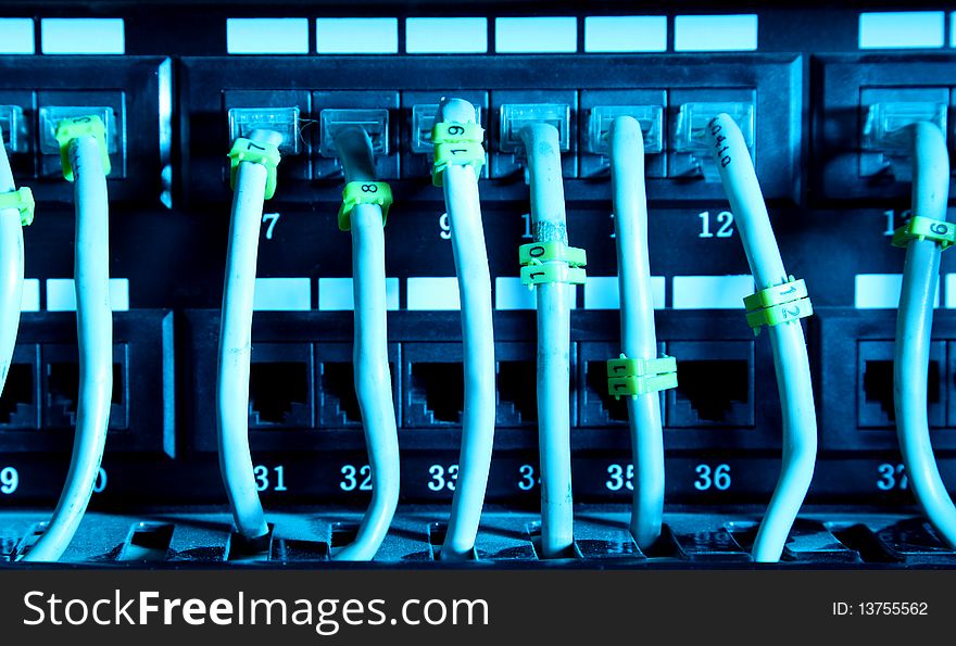 Network cables with blue light. Technology image