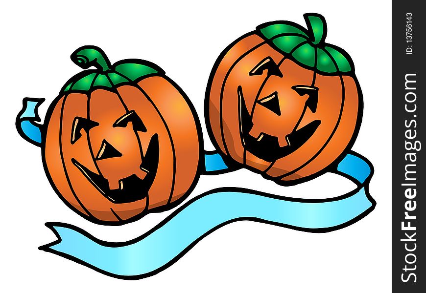 Blue banner ribbon around Halloween pumpkins over isolated white background;  Halloween  illustration