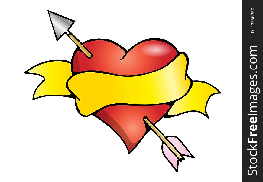 Yellow banner around heart symbol penetrate by an arrow. Yellow banner around heart symbol penetrate by an arrow