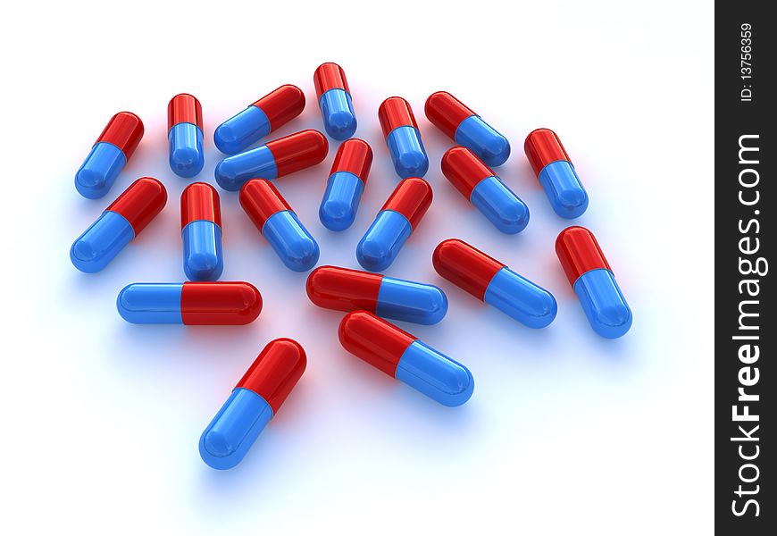 A bunch of red and blue pills isolated on a white background