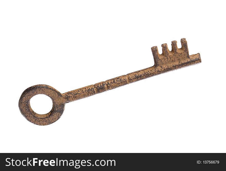 A photo of one old key on a over white background