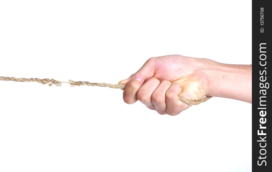 Conceptual image, hands pulling on a white rope. Hands isolated in withe background. Conceptual image, hands pulling on a white rope. Hands isolated in withe background