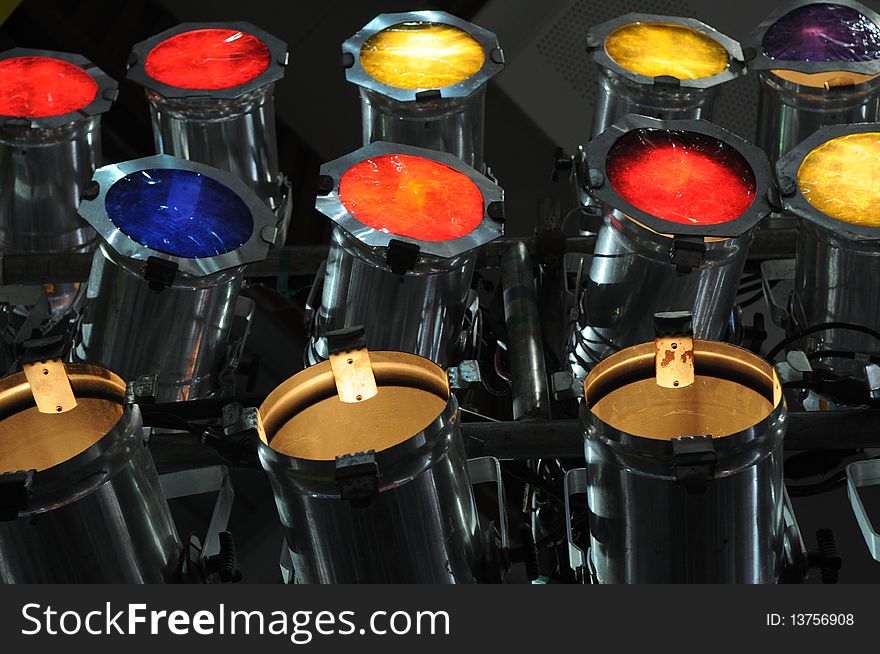 Colorful glass and steel flood lights over the stage. Colorful glass and steel flood lights over the stage.