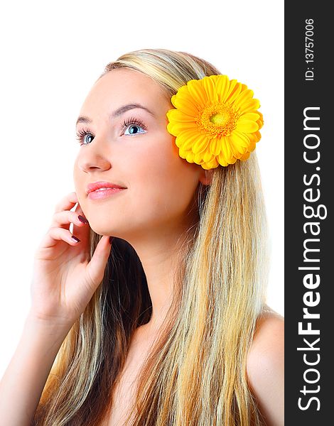 Sensual portrait of beautiful young blond woman with flower. Isolated on white background. Sensual portrait of beautiful young blond woman with flower. Isolated on white background