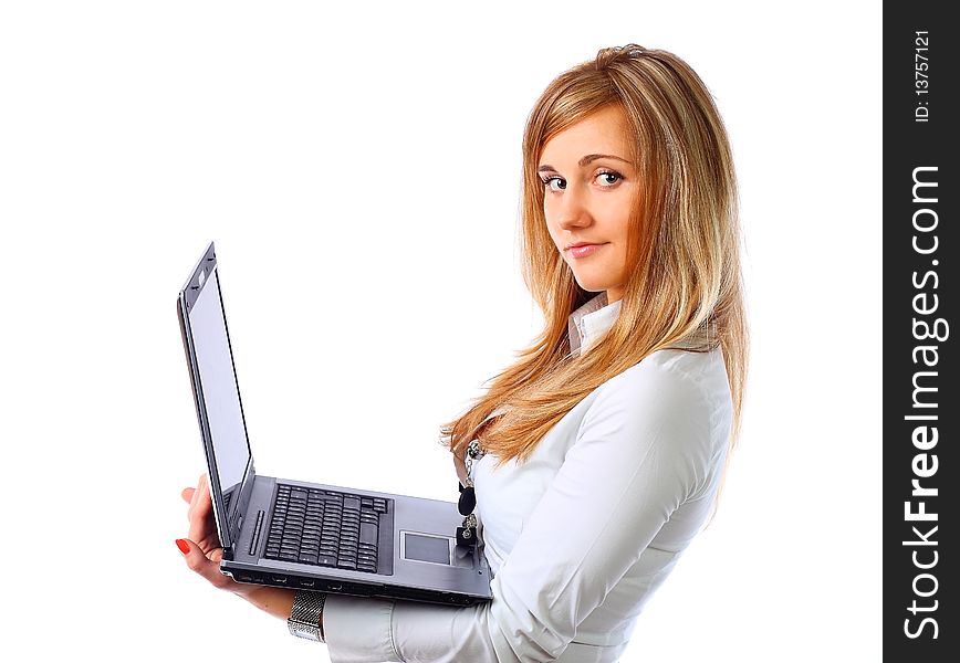 Business woman with laptop isolated on a white background