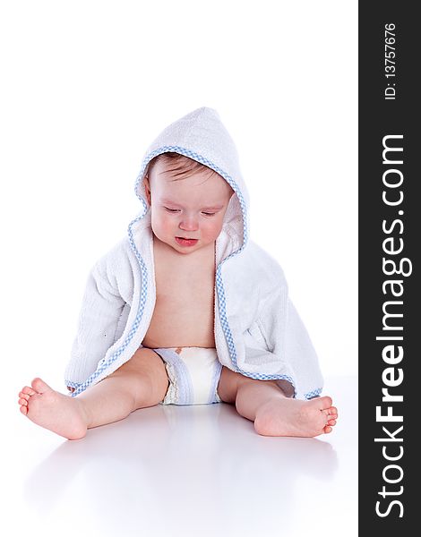 Little Cute Baby Boyl In Blue Bathrobe