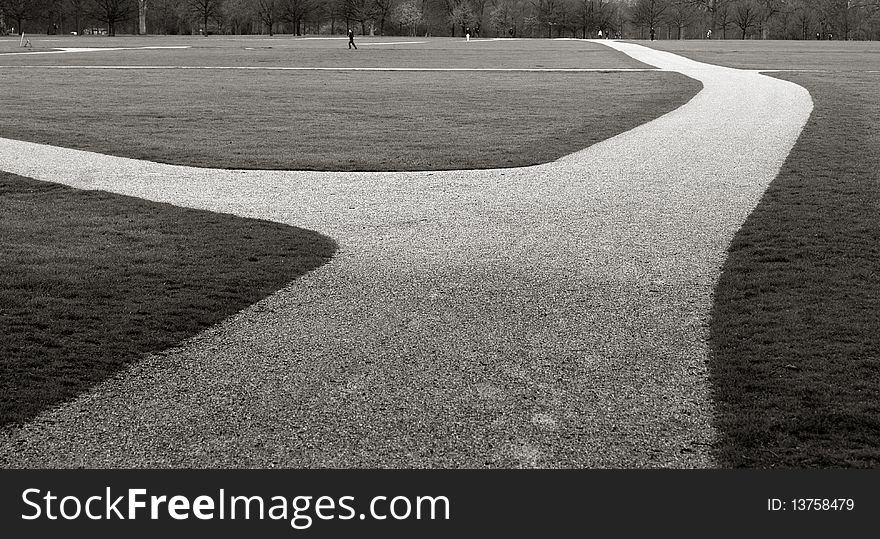 Hyde Park path in black and white.