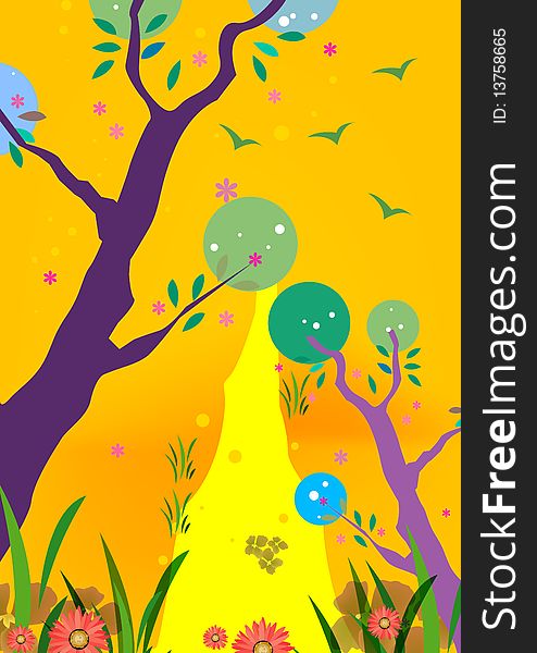 A beautiful garden illustration, flowers, birds, trees etc