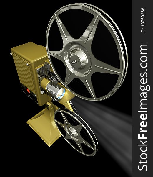 On 3d image render of film projector show film on black background. On 3d image render of film projector show film on black background