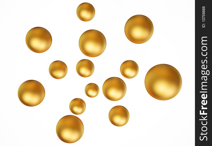 Group gold spheres on white background isolated