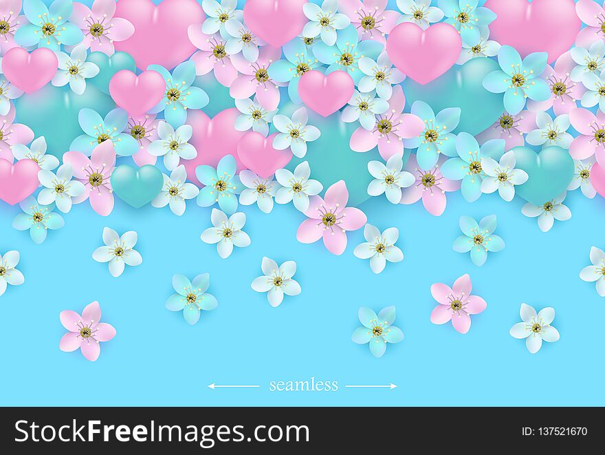 Vector hearts and flowers seamless pattern background. Cute romantic wallpaper for valentines day holiday, wedding or marriage greeting card design, dating invitation backdrop. Vector hearts and flowers seamless pattern background. Cute romantic wallpaper for valentines day holiday, wedding or marriage greeting card design, dating invitation backdrop.