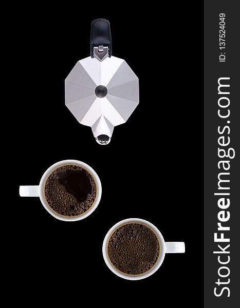 Coffee pot and two white cups on a saucer on a black background.