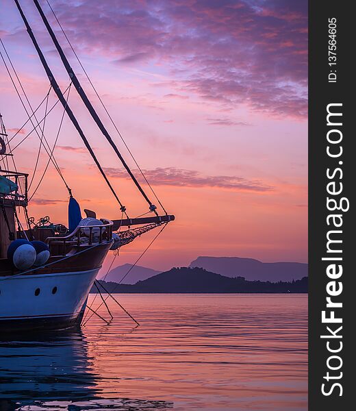 Sailboat at Sunrise on the bay of Nidri in Lefkas island Greece