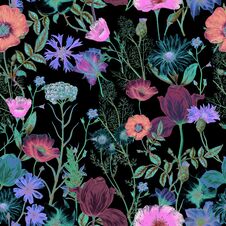 Seamless Pattern Of Neon Garden Flowers,seamless Floral Pattern Stock Images