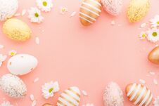 Easter Flat Lay Of Eggs With Flowers On Pink Stock Photography