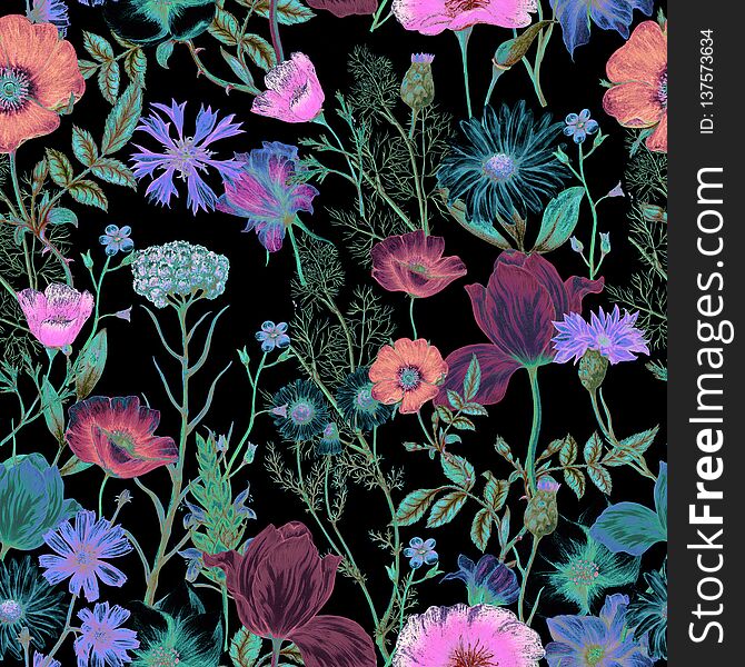 Seamless pattern of neon garden flowers,seamless floral pattern