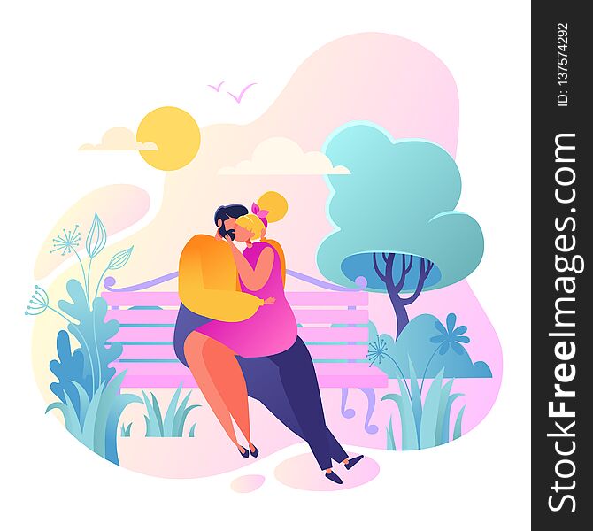 Romantic vector illustration on love story theme. Happy flat people character sitting on the bench, embrace and kiss. Happy lover