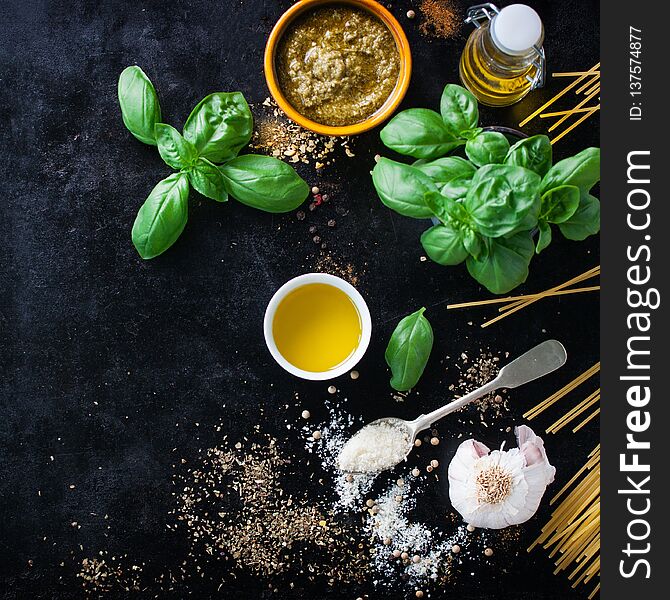 Food background with ingredients for pesto