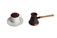 Coffee Pot And Cup With Coffe Beans Royalty Free Stock Photos Coffee Pot And Cup With Coffe Beans Royalty Free Stock Photos