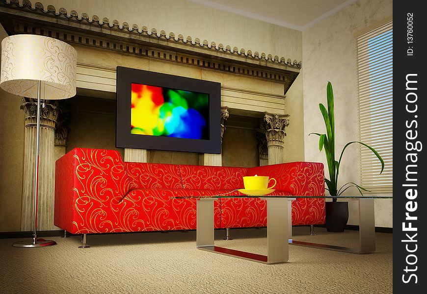 Red sofa in modern interior room