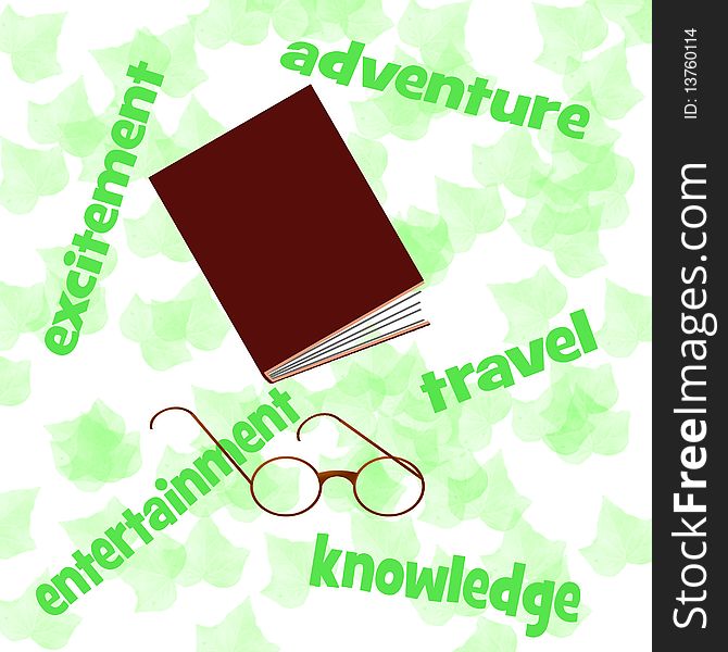 Book and reading glasses on background of ivy. Book and reading glasses on background of ivy