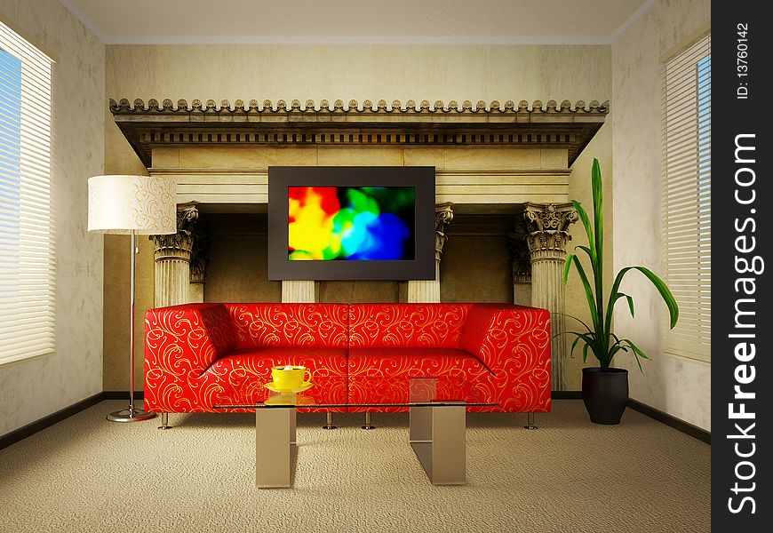 Modern interior room with red sofa