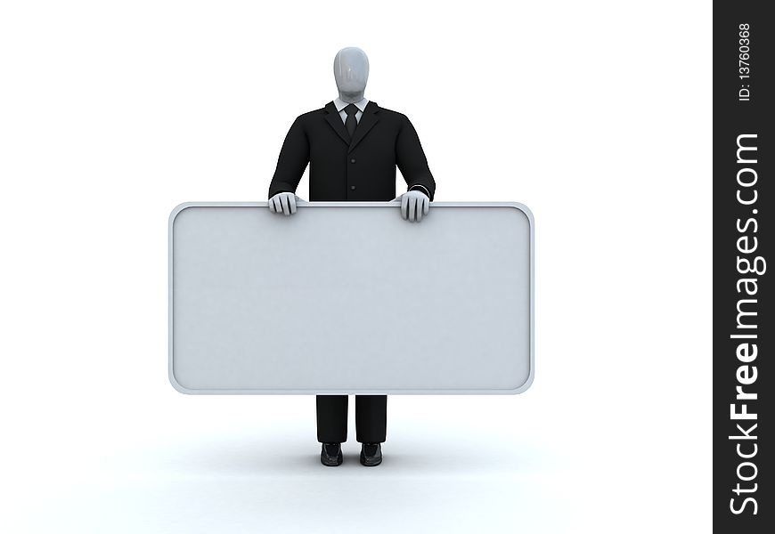 Businessman character with gray text board