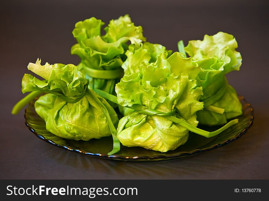 Close-up bags made of lettuce filling with cheese