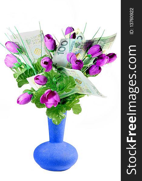 Picture shows a bouquet of flowers in a vase. The flowers are Polish money which imitate leaves. Picture shows a bouquet of flowers in a vase. The flowers are Polish money which imitate leaves.