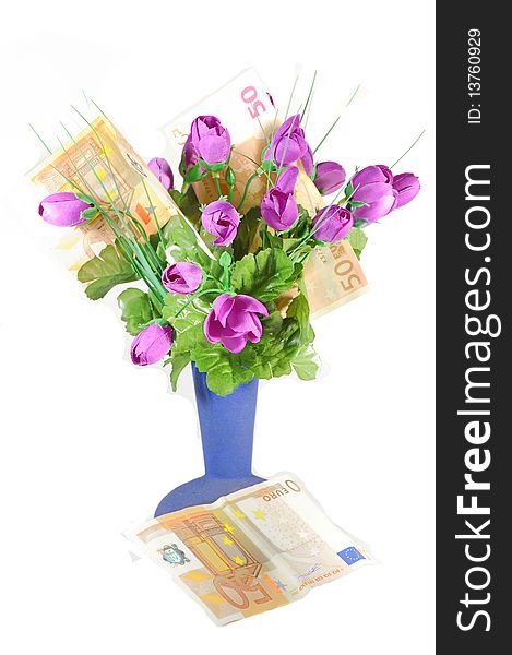 Picture shows a bouquet of flowers in a vase. The flowers are to imitate the European money list. Picture shows a bouquet of flowers in a vase. The flowers are to imitate the European money list.