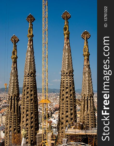 Over the top of thepinnacle of Sagrada Familia in Barcelona, Spain. Over the top of thepinnacle of Sagrada Familia in Barcelona, Spain