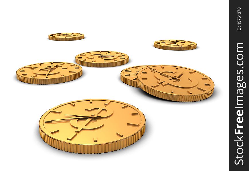 Golden coins with clock pointers on the white background. Golden coins with clock pointers on the white background.