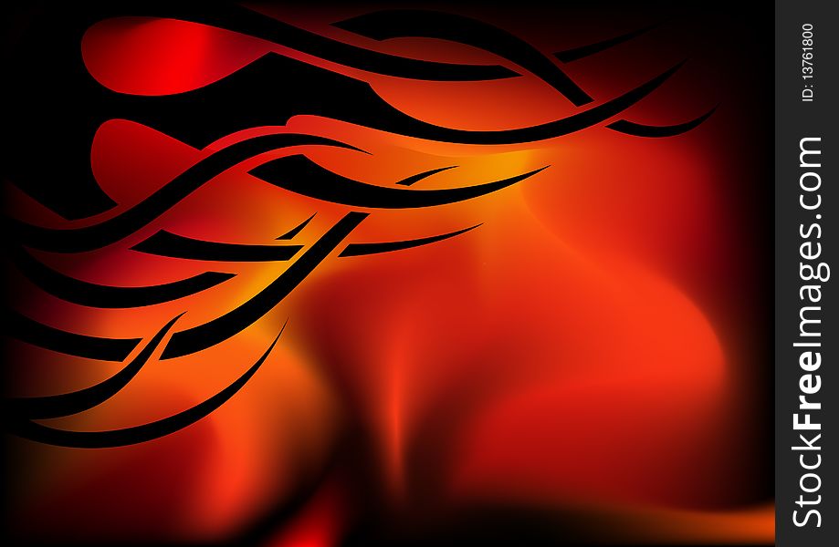 Stylized black flame on the background of photo-realistic fire. Stylized black flame on the background of photo-realistic fire