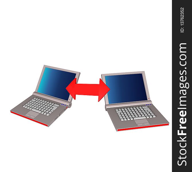 Two 3d laptops connected with an arrow. Two 3d laptops connected with an arrow