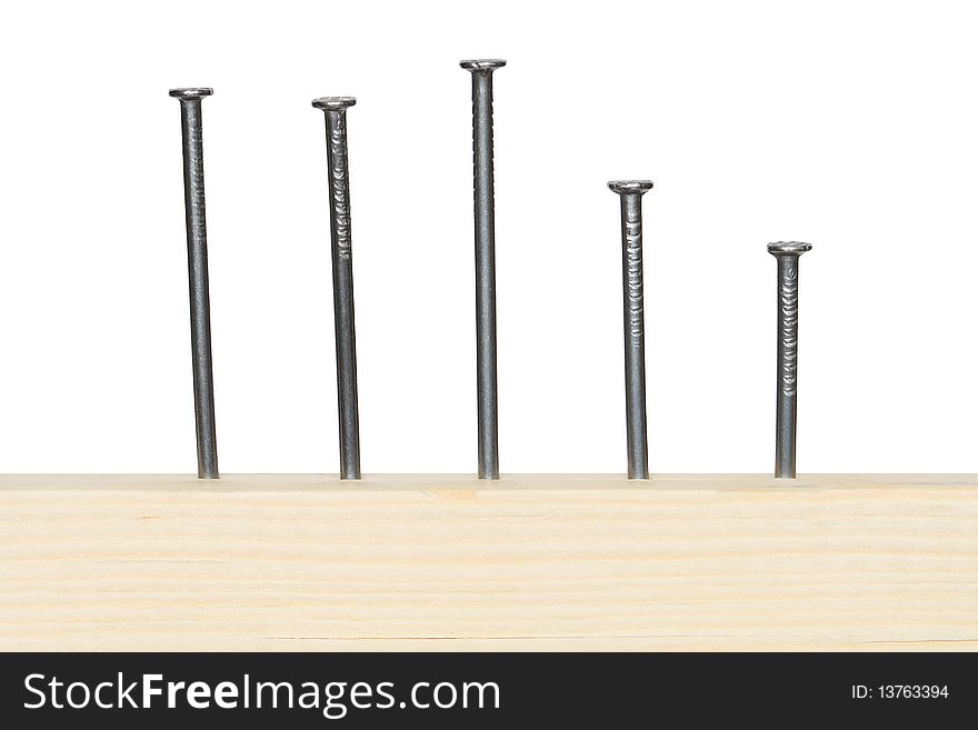 Few nails driving-in wooden board isolated on white background with clipping path