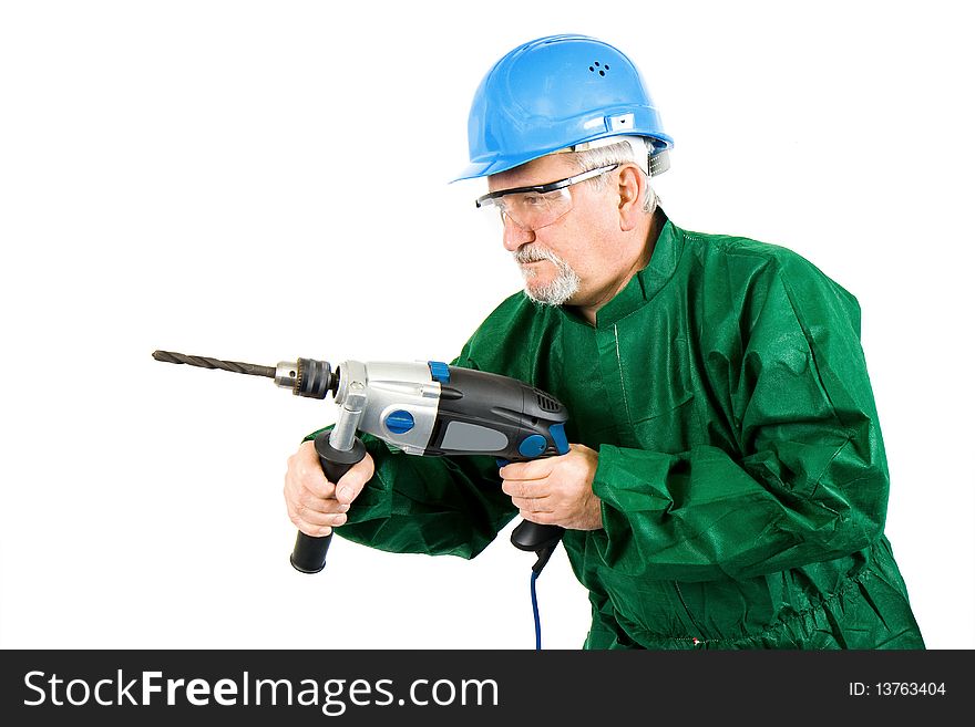 Construction worker holding the electric hand drill. Construction worker holding the electric hand drill