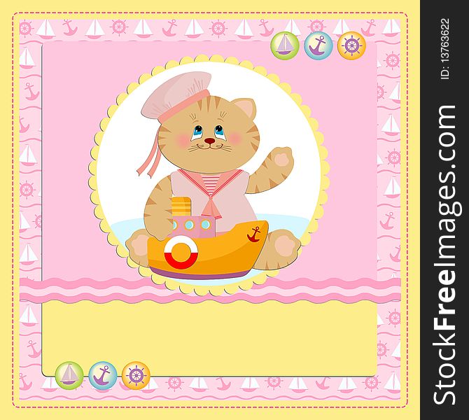 Baby's postcard with sailor cat in pink colors