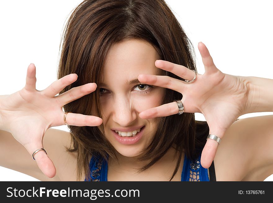 Close-up portrait of young woman isolated on white