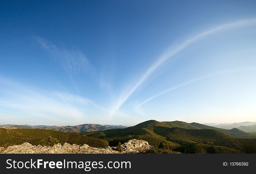 Crimea mountains, view to sky from tableland