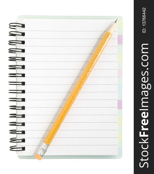 Pencil and notebook on white background