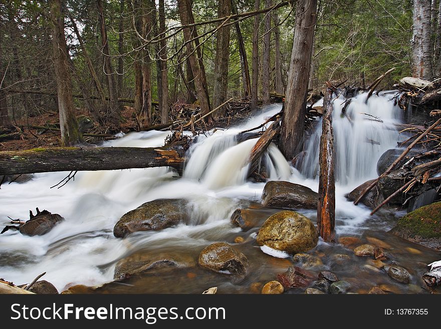 Beautiful cascade in the forest from Cap Tourmente Reserve Quebec Canada. Flowing water with stone. Beautiful cascade in the forest from Cap Tourmente Reserve Quebec Canada. Flowing water with stone.