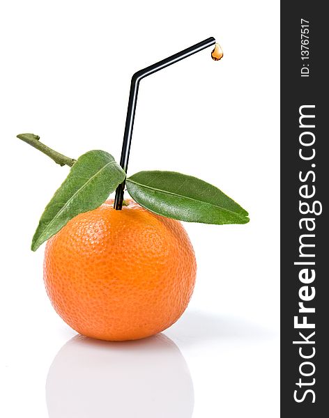 Tangerine with green leaves and straw isolated on white