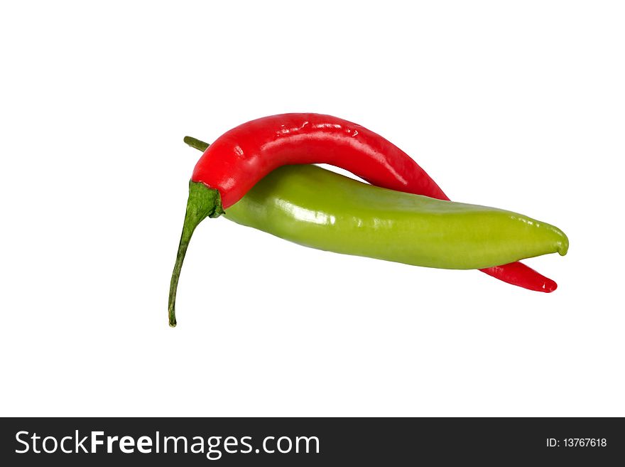 Red anf green chili pepper on white background