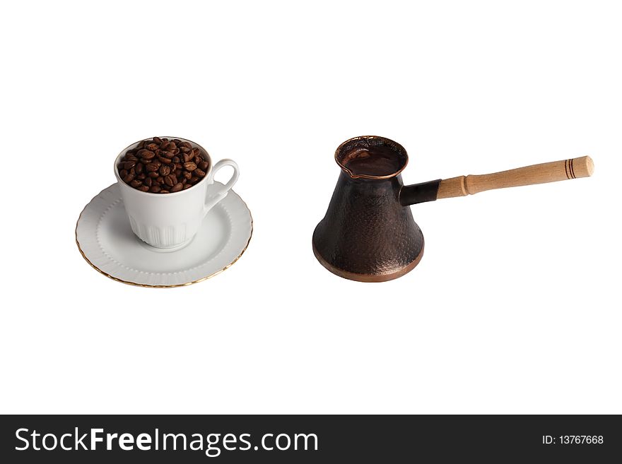 Pot of hot black coffee and cup with beans  on white background. Pot of hot black coffee and cup with beans  on white background