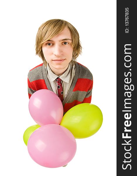 Funny fisheye portrait of young man with balloon. Funny fisheye portrait of young man with balloon
