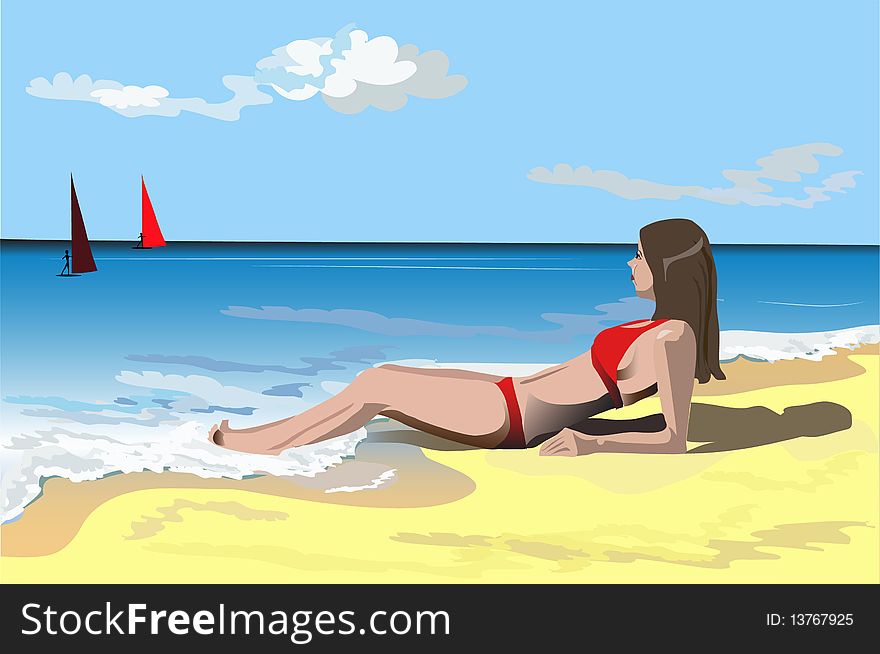 The  illustration of girl on beach