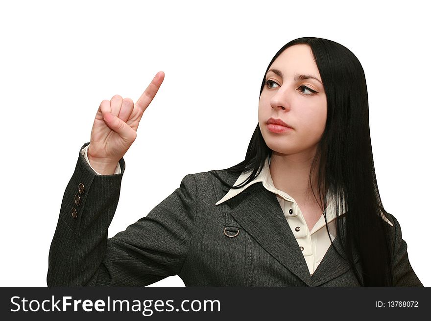 Young business woman shows or wrote on white background