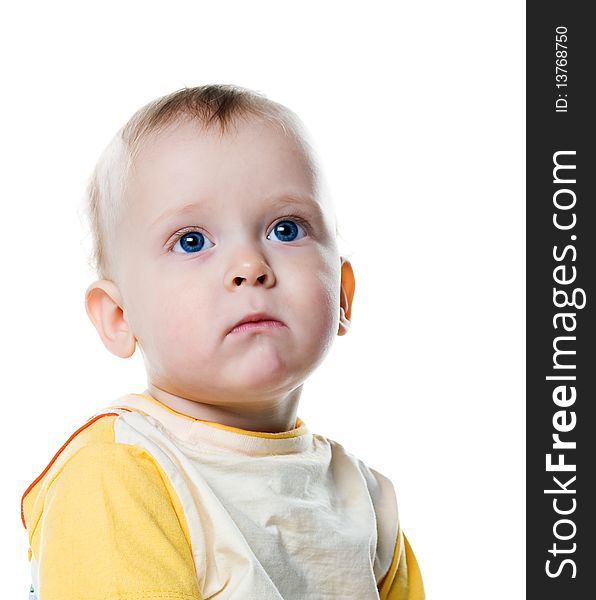 Cute little boy close-up on white background