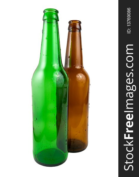 Two beer bottle covered with water drops, isolated on white